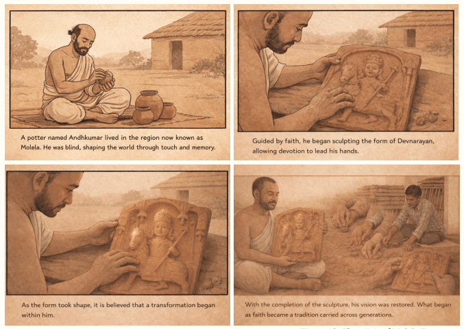 Illustrated storyboard of Andhkumar, the blind potter of Molela who sculpted Lord Devnarayan and regained sight