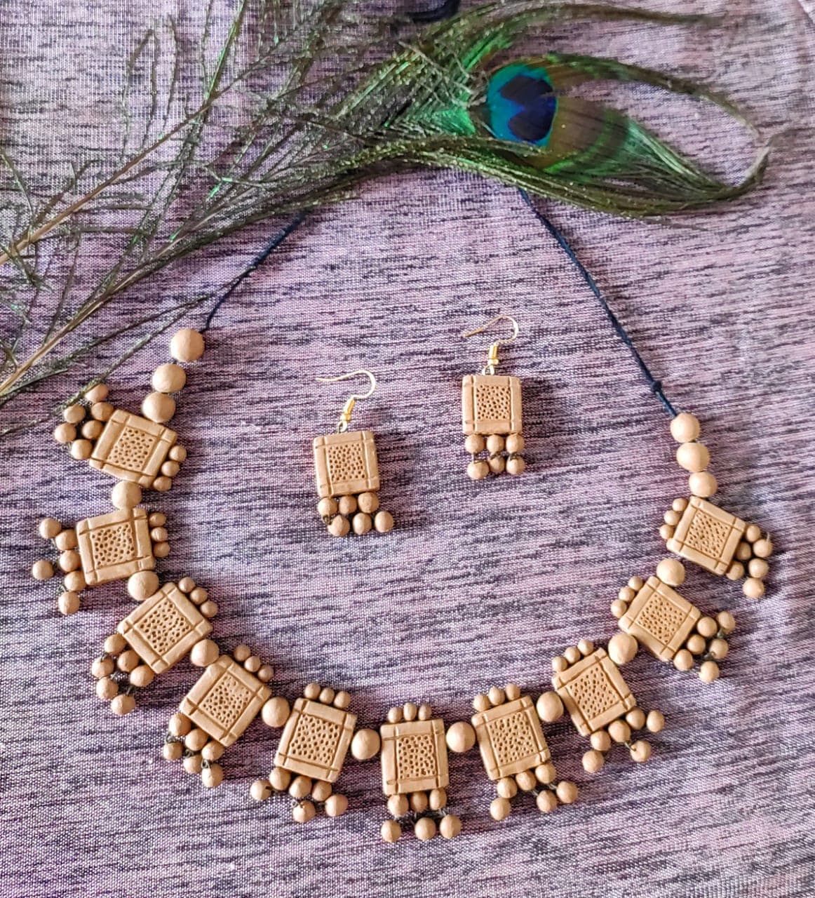 Geometric terracotta bead necklace and earring set