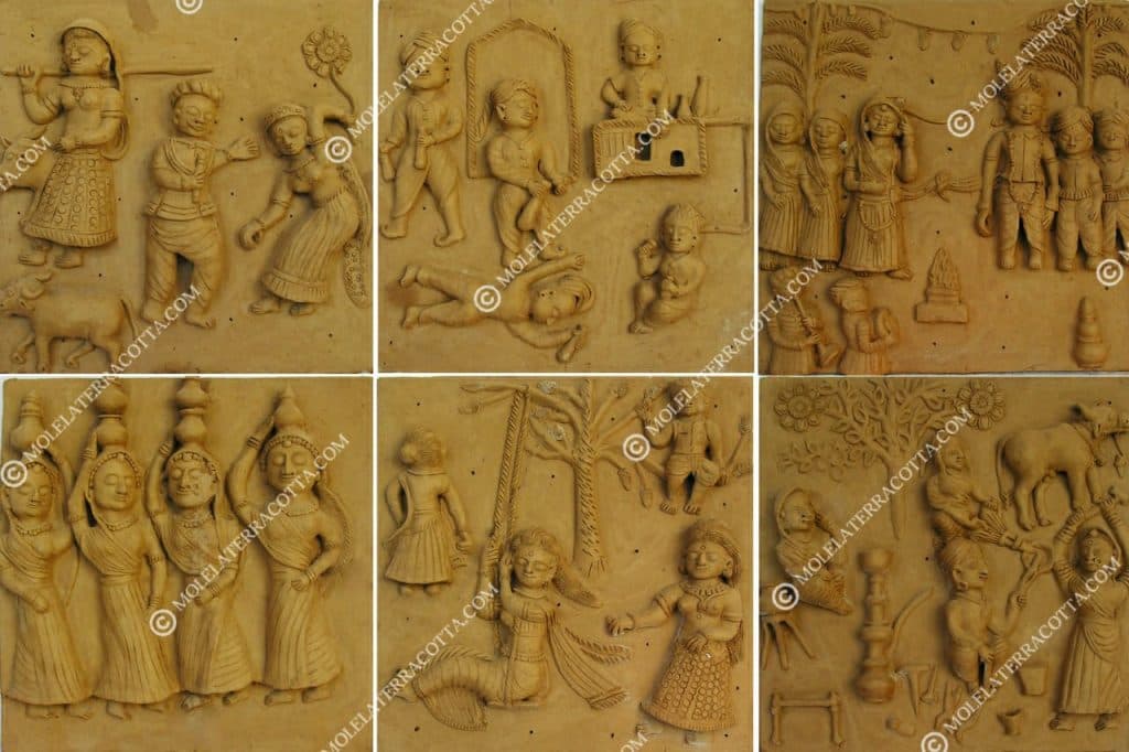Hand-modelled terracotta tile of village life in Rajasthan