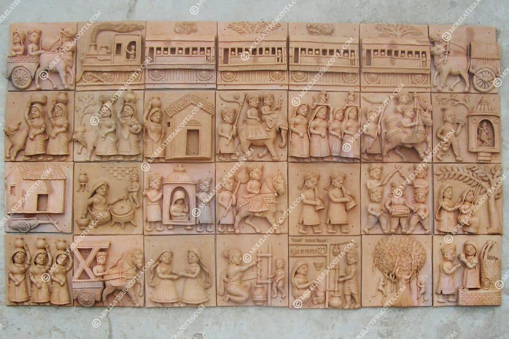 Terracotta plaque showing a village courtyard scene