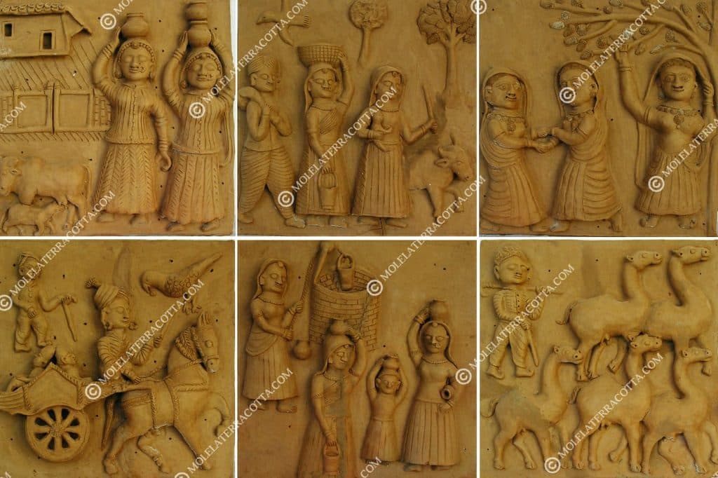 Molela terracotta tile depicting a village market scene